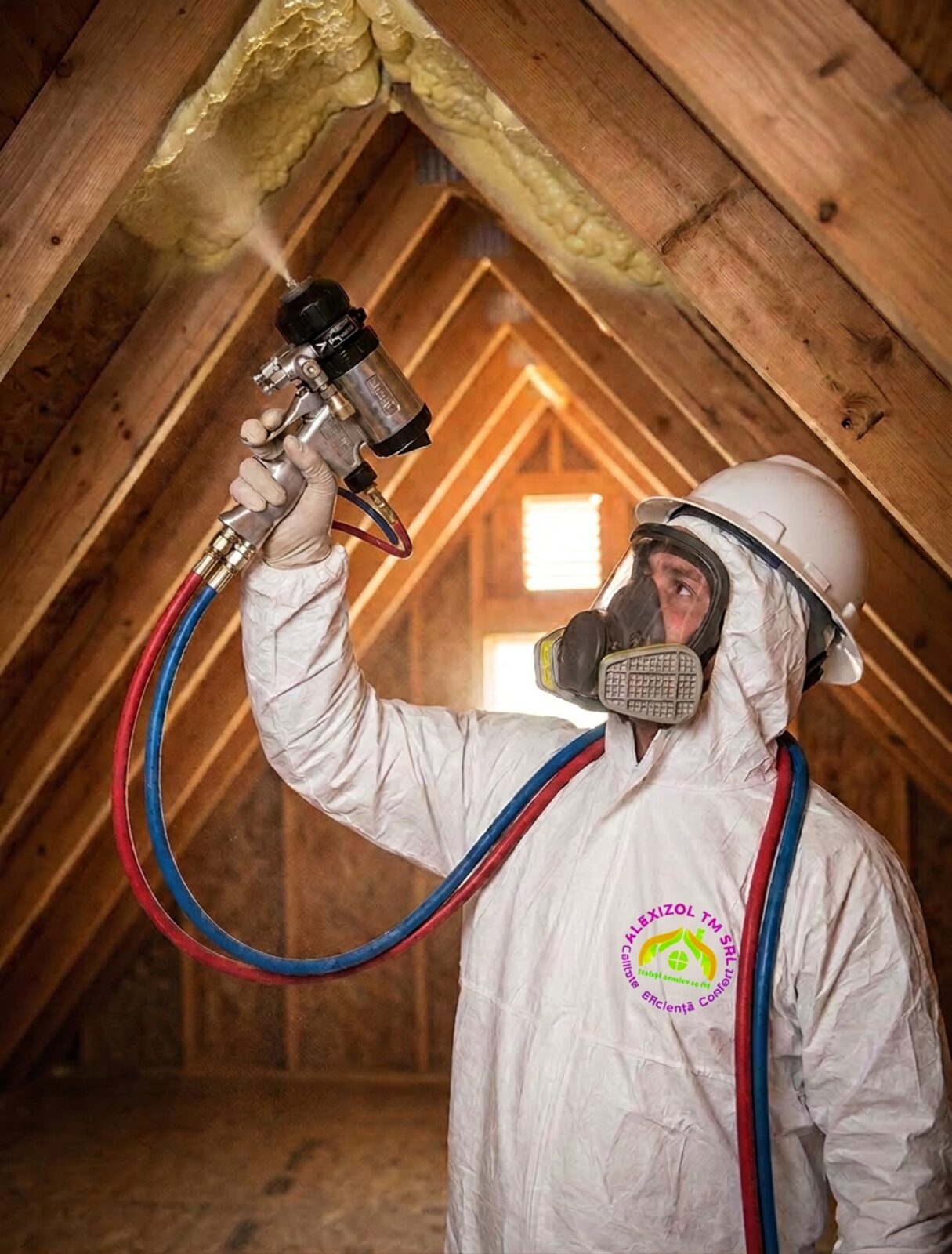 Muncitor aplicând spumă poliuretanică în mansardă cu pistol Graco Fusion AP